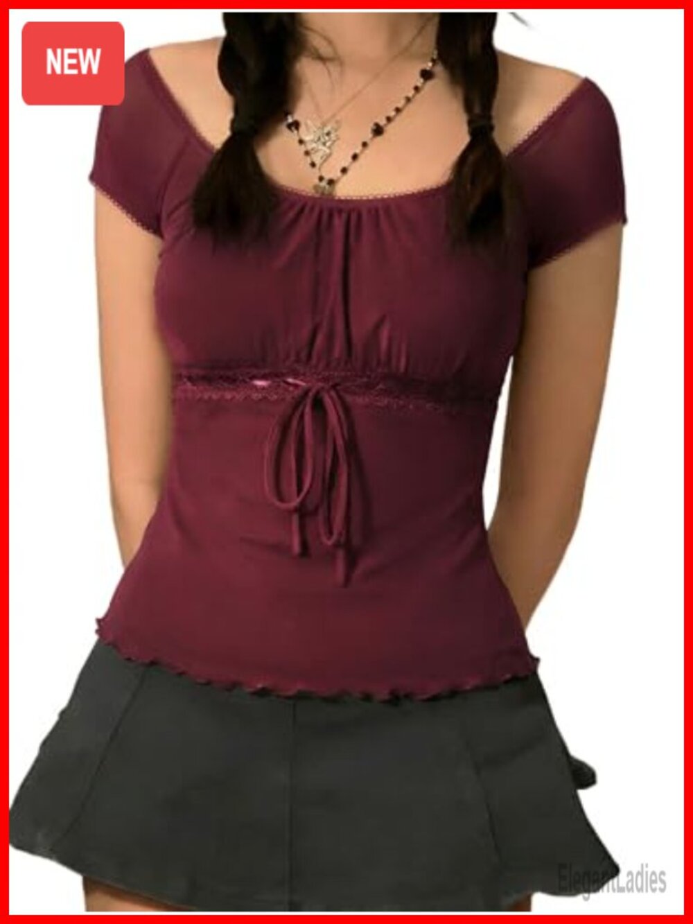 Mesh Babydoll Top Sheer Lace Trim Short Sleeve Y2K Women